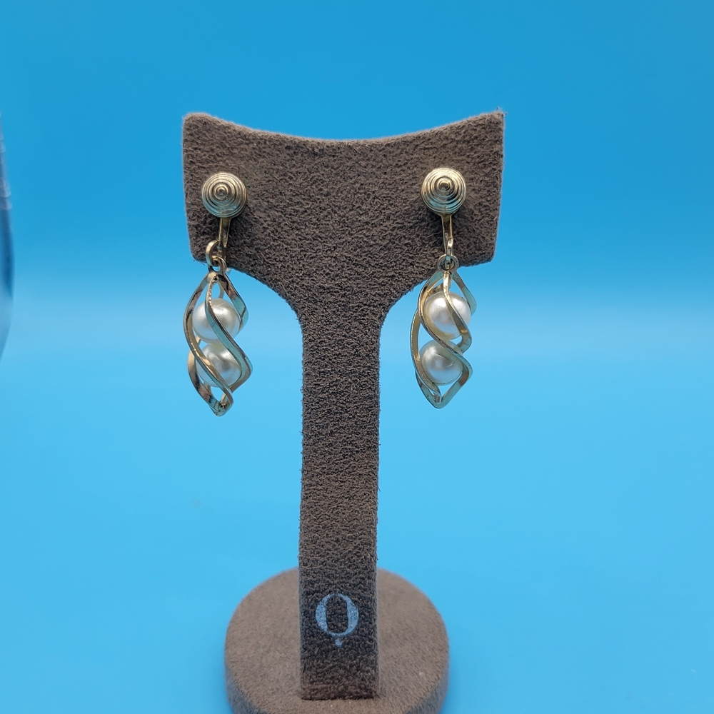 Vintage Gold Tong and Pearl Swirl S.A.C Dangle Screw Back Earrings